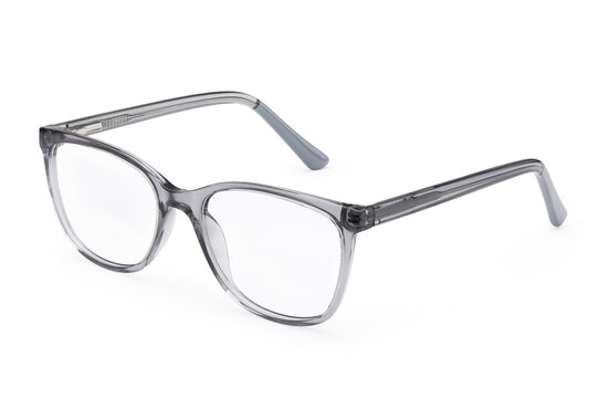 Prescription eyeglasses with gray translucent plastic frame isolated on white background, studio product photography