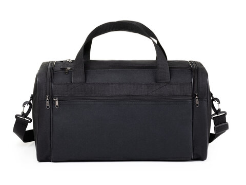 Black textile travel duffel bag with handles and shoulder strap isolated on white background, front view, product photography