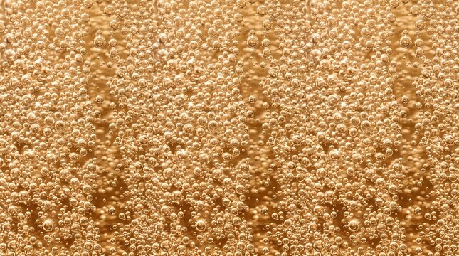 Macro texture of effervescent bubbles rising in golden champagne for holiday event backgrounds, beverage advertisements, and festive greeting cards.