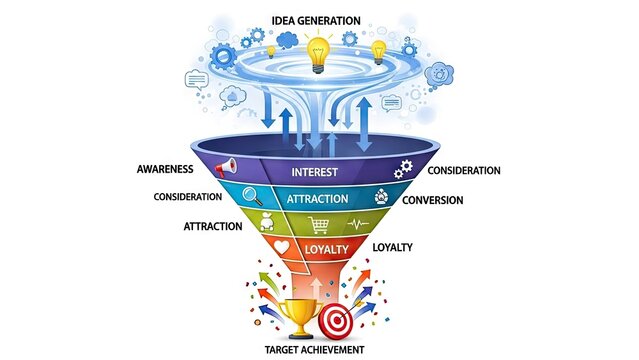 Sales funnel diagram illustrating business process and target achievement