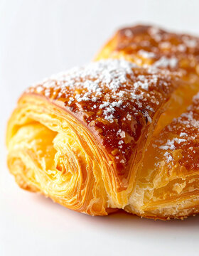Freshly baked golden puff pastries dusted with fine sugar, tasty food, white background, elegant bakery. Close-up.