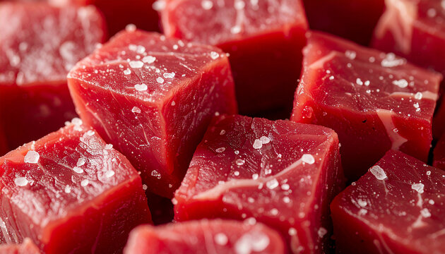 Raw beef cubes with marbling and coarse salt crystals, fresh meat texture, culinary and cooking concept. Close-up.