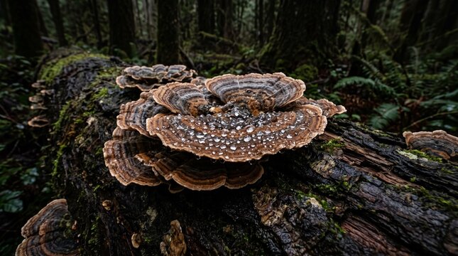 Turkey Tail mushrooms growing on a decaying mossy log in a temperate rainforest
