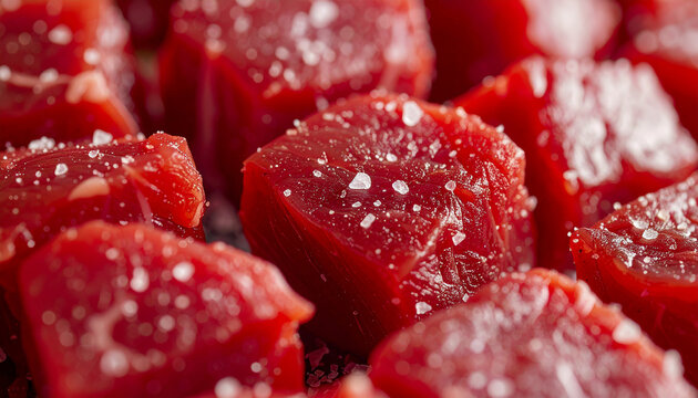 Raw beef cubes with marbling and coarse salt crystals, fresh meat texture, culinary and cooking concept. Close-up.