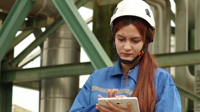 Upset female engineer with helmet in safety uniform working at petroleum gas refinery plant. Beautiful woman industrial worker checking data on tablet and feeling confused near factory construction.