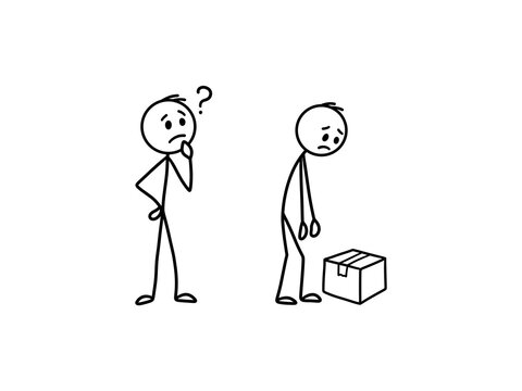Confused stick figure looking at sad friend with parcel box on transparent background. Black line art illustration representing problem solving, delivery issue, customer support, and question.