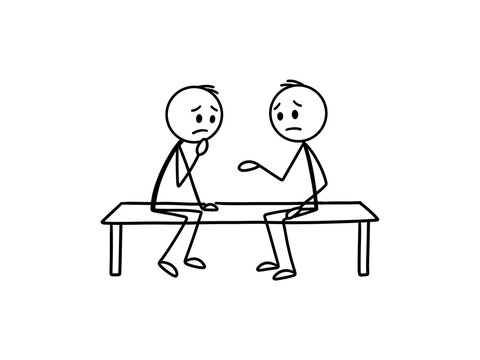 Hand drawn stick figures sitting on bench talking and listening on transparent background. Black outline representing friendship, psychological support, conversation, empathy, and listening.
