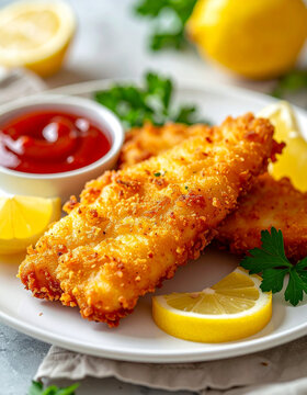 Delicious golden battered fish fillet on plate with fresh lemon slices, ketchup and vibrant parsley leaves, homemade meal. Tasty food. Cooking and culinary concept. Close-up.