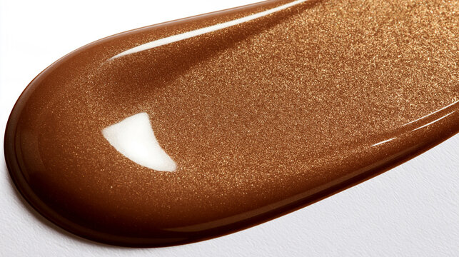 Liquid bronzer texture featuring warm caramel pigment, glossy creamy consistency and delicate golden shimmer, creating luminous bronze radiance for modern luxury makeup concepts.