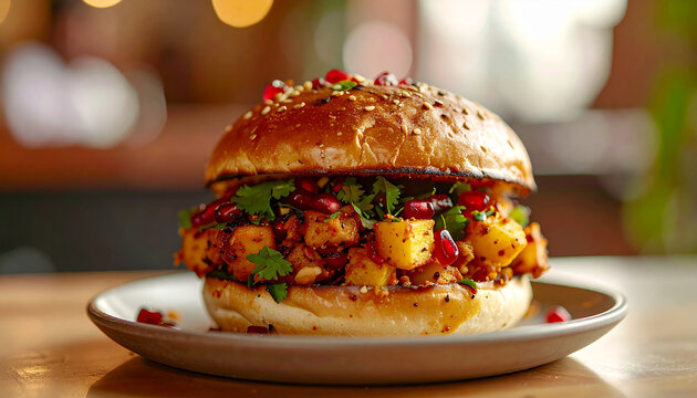 Delicious traditional Dabeli on cafe table, toasted pav bun generously filled with spiced potato, crunchy peanuts, pomegranate seeds and fresh coriander, Indian food. Tasty meal. Close-up.
