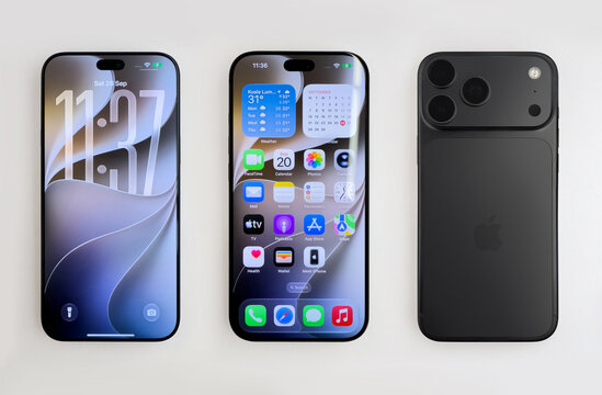 Kuala Lumpur, Malaysia - September 26, 2026: Apple iPhone 18 pro showing locked screen, home screen and back side of the phone