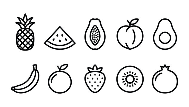 Minimalist black linear tropical fruit icons set with text labels representing healthy organic diet ingredients on white background