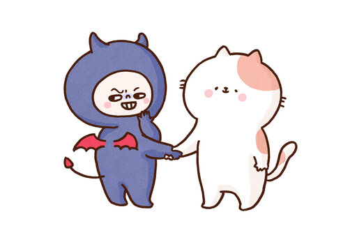 Naive cat shaking hands with a smirking devil, cat's paw idiom or fraud prevention concept