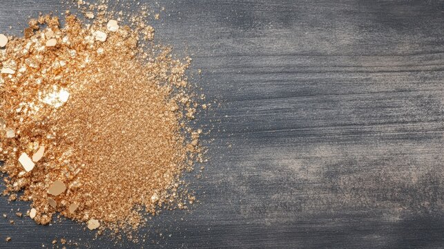 Loose gold dust and flakes scattered on a dark textured surface with subtle light reflections.