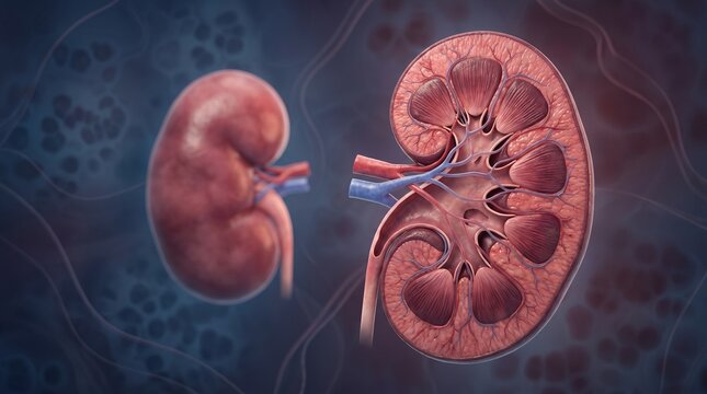 인체 해부학 신장(콩팥) 내부 구조 단면 3D 메디컬 일러스트
