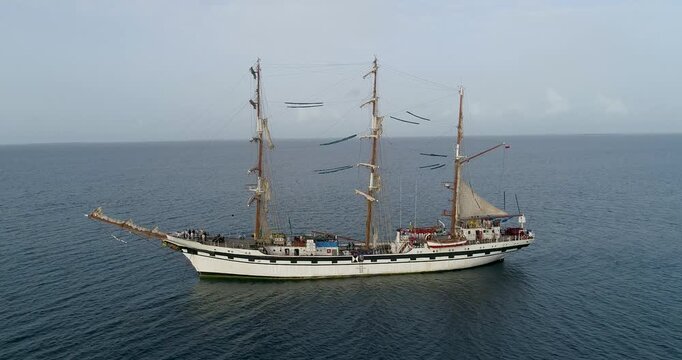 Aerial view of the Buque Escuela Simon Bolivar sailing ship on the open sea in Los Roques, Dependencias Federales, Venezuela.