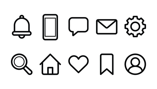Minimalist black linear user interface main menu navigation mobile application notifications settings and user profile icons set on white background
