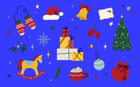 Christmas festive icons set vector on blue background