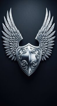 Majestic silver heraldic shield featuring large spreading feathered wings on a dark background, showcasing intricate carvings and shine, shield, eagle, historical