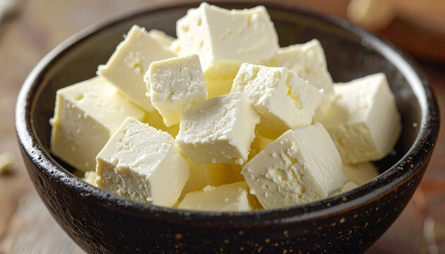 Fresh feta cheese cut into chunky cubes in rustic bowl, tasty food, culinary and cooking concept. Close-up.