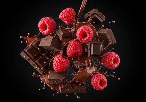 Ripe red raspberries mixed with rich dark chocolate chunks and dynamic liquid splashes, captured in a high-speed studio photography style, appetizing, dynamic, healthy