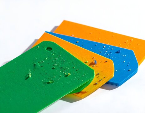 Stacked colorful textured plastic cards with debris.