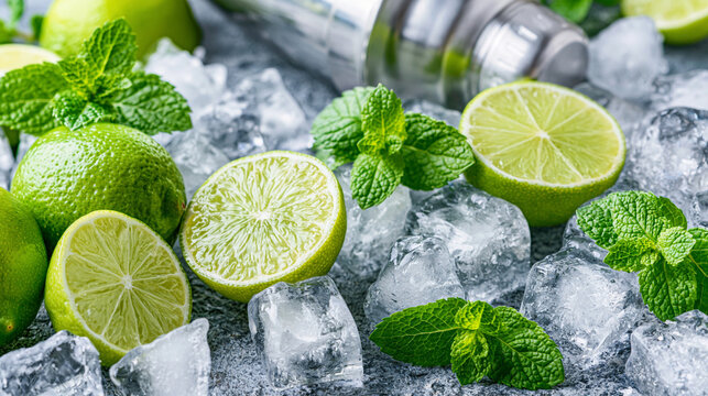 Fresh limes with green mint leaves and ice cubes for making cocktail drinks