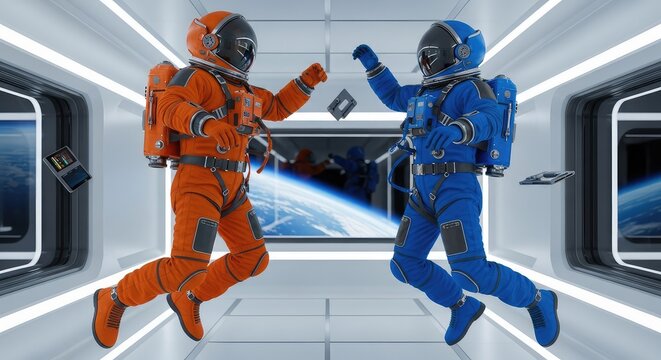 Two space suits are in a heated confrontation within a high-tech orbital station, featuring aggressive gestures and zero gravity gear, universe, station, pressure