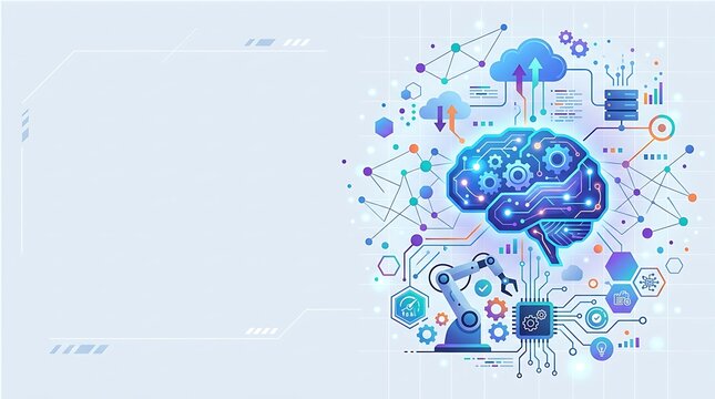 Minimal Flat 2D Vector Banner for Artificial Intelligence Machine Learning and Robotic Automation Featuring AI Digital Brain Cloud Network and Ample Copy Space
