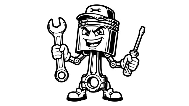 Cartoon mechanic piston character with tools