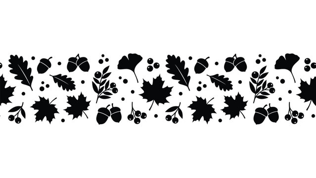 Black and white autumn leaves and berries decorative border pattern