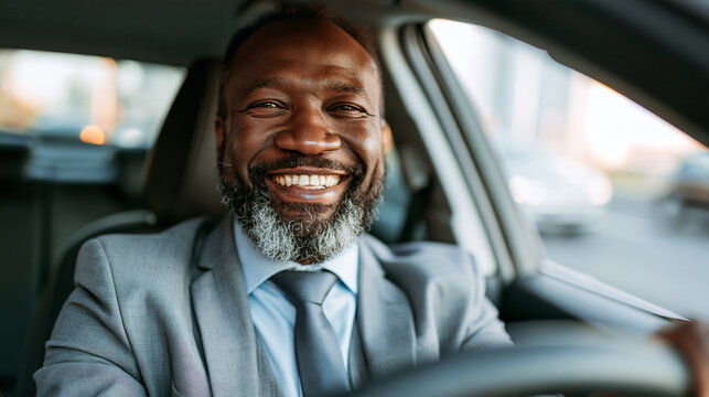 Middle aged african american businessman wearing a grey suit and tie driving a car