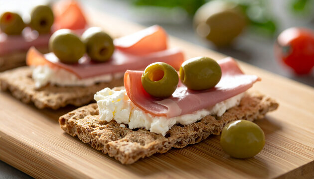 Fresh wholegrain crispbread with creamy cream cheese, savory ham and green olives, healthy diet and quick meal. Tasty food. Close-up.