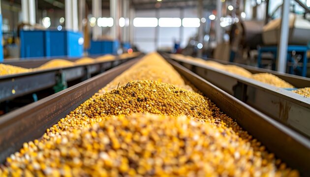 Yellow corn grains moving along a mechanical industrial conveyor belt inside a modern grain processing plant facility