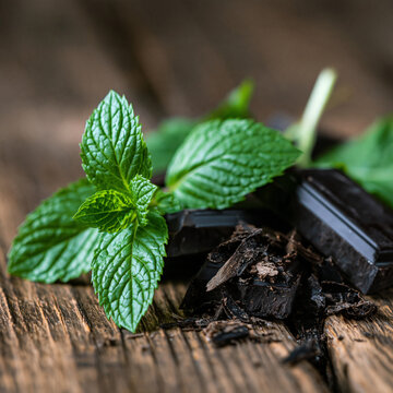 Fresh green mint leaves placed next to dark chocolate chunks on a dark wooden table