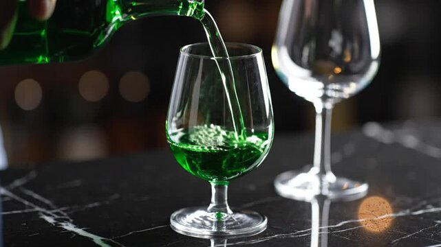 Pouring green liquid into a glass with a stem, preparing a beverage for enjoyment on a dark marble surface