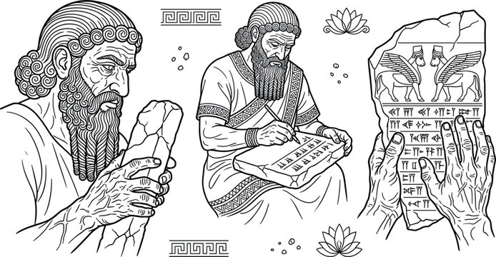 Ancient Mesopotamian Scribes Vector Set Writing Cuneiform on Clay Tablets for History Education Graphic Designs and Coloring Pages