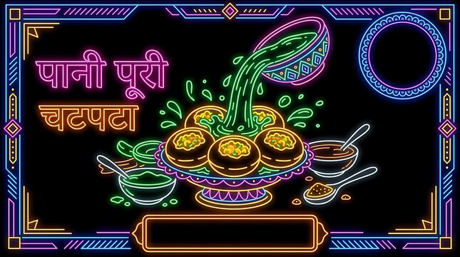 Crispy Pani Puri Midnight Neon Glow: Tangy Indian Street Food Snack with Mint Water Splash and Devanagari Lights