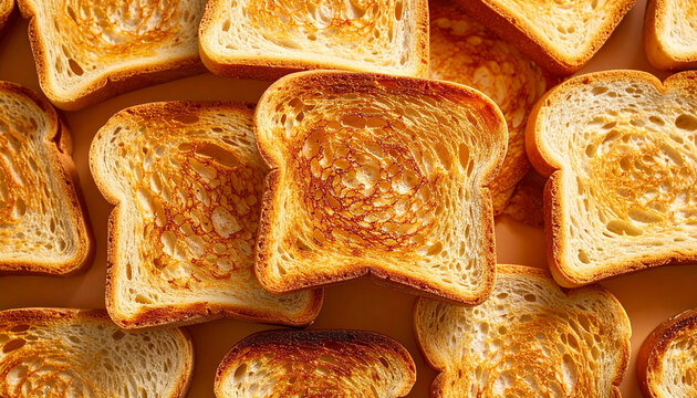Slices of toasted bread, rich golden-brown surfaces, crispy crusts, appetizing food, culinary and cooking concept. Close-up.