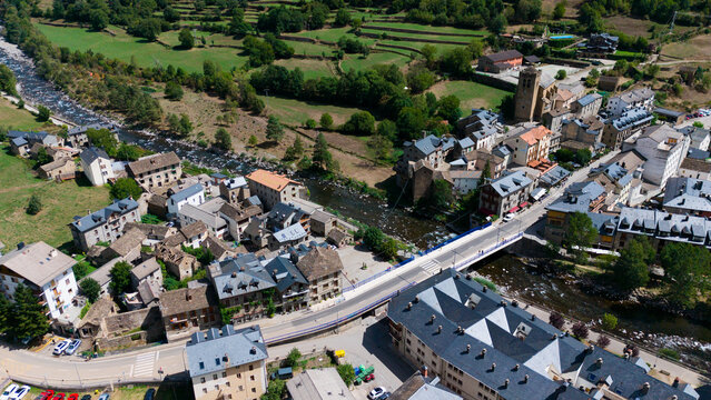 aerial shot of a small village in an amazing mountain landscape 