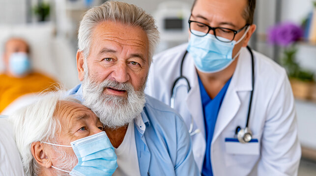 Doctor talking to elderly couple sitting in a clinic wearing protective masks with wellness