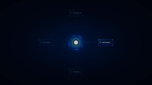 Artificial intelligence decision making animation evaluating multiple options and selecting optimal action on dark background.