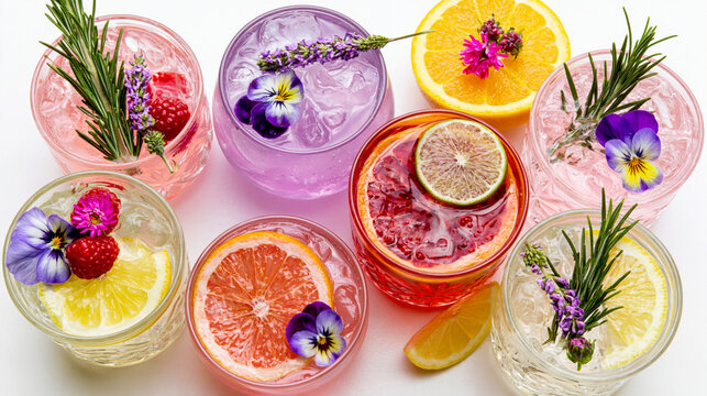 Various glasses of chilled floral infused drinks decorated with edible flowers and herbs