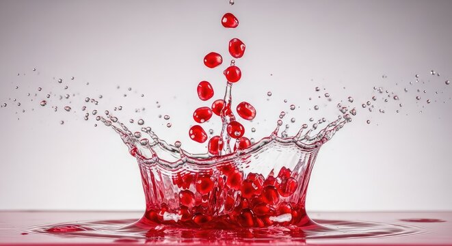 A dramatic close-up of vibrant red pomegranate seeds exploding in a water splash, capturing liquid droplets and dynamic energy in high speed, high speed, vegan, flying