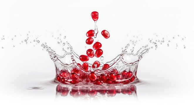 A dramatic close-up of vibrant red pomegranate seeds exploding in a water splash, capturing liquid droplets and dynamic energy in high speed, airborne, falling, vegan