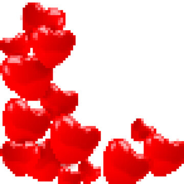 Pixel Art Floating Red Hearts Corner Frame Isolated Pixelated Love Balloons Background for Retro Valentine Day Design