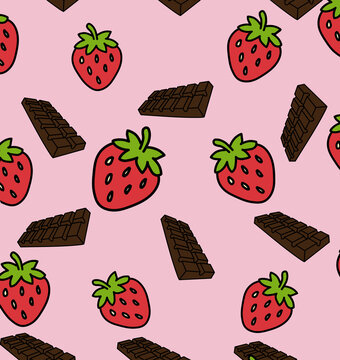 Cute seamless pattern of fresh strawberries and chocolate bars on pink background, sweet food vector illustration