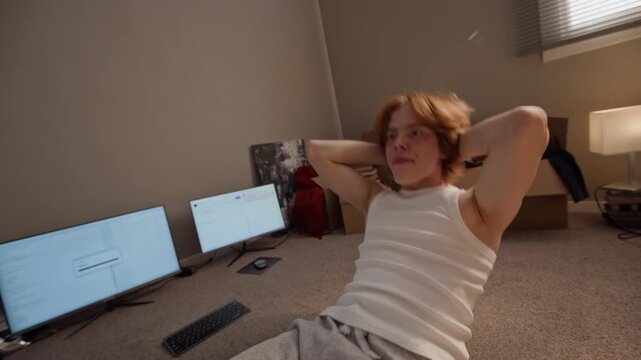 Caucasian man doing abdominal crunches near computer screens. Clip suitable for promoting youth fitness, healthy lifestyle habits, and digital wellness campaigns