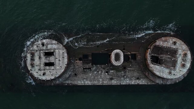 Top down aerial view of HMVS Cerberus historic shipwreck in shallow ocean waters at Red Bluff, Black Rock.