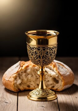 A golden chalice filled with red wine stands next to a crusty loaf of broken bread on a rustic wooden table under a warm, soft glow, vessel, red, religious